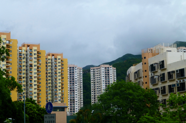 Yellow residential high rise buildings Discovery Bay Hong Kong